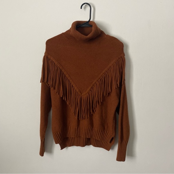 Philosophy Sweaters - Philosophy Brown Cowl Turtleneck Sweater with Fringe Detail